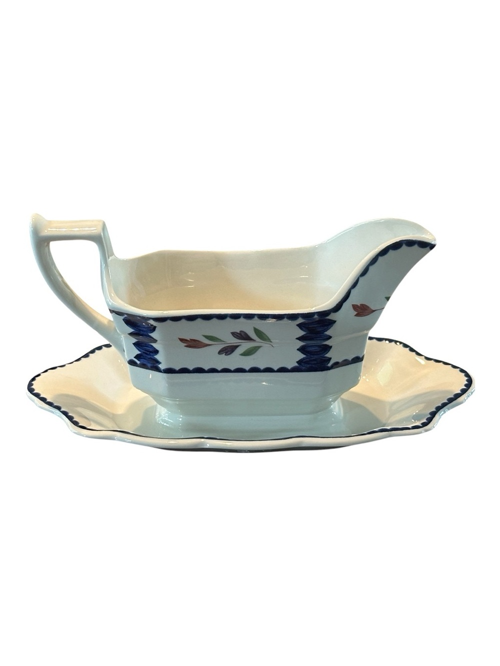 Adams White Ceramic Gravy Boat with Blue Trim and Floral Motif